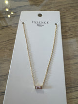 Collier doré en acier inoxydable, pierre rose rectangulaire